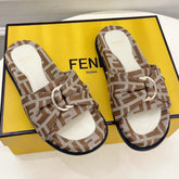 FENDI FLAT SLIPPER IN BROWN MONOGRAM JACQUARD FABRIC WITH GOLD HARDWARE