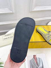 FENDI FLAT SLIPPER IN YELLOW MIX GREY MONOGRAM JACQUARD FABRIC WITH GOLD HARDWARE