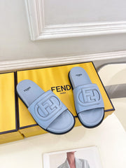 FENDI LOGO SLIDES IN BLUE POWDER CALFSKIN