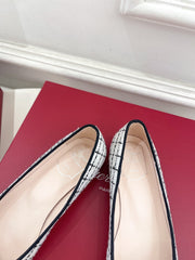 EFFLORESCENCE BALLERINAS IN WHITE TWEED WITH FINE BLACK STRIPES EMBELLISHED CRYSTALS