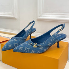 HIGH SLINGBACKS 5 CM IN CLASSIC BLUE MONOGRAM DENIM FABRIC