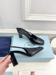 SQUARE TOE SLINGBACK PUMPS IN BLACK GLOSSY CALFSKIN