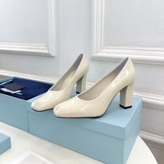 SQUARE TOE HIGH PUMPS IN WHITE GLOSSY CALFSKIN