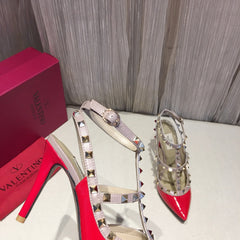 ROCKSTUD CAGED HIGH PUMP IN CHERRY RED MIX LIGHT PINK PATENT CALFSKIN 100 MM