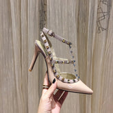 ROCKSTUD CAGED HIGH PUMP IN PEACHY MIX LIGHT PINK PATENT CALFSKIN 100 MM