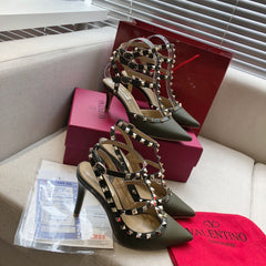 ROCKSTUD MOSS GREEN METALLIC CALFSKIN ANKLE STRAP HIGH SANDAL