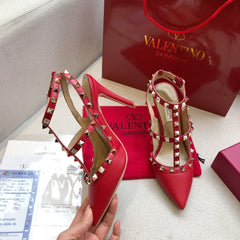 ROCKSTUD RUBY RED METALLIC CALFSKIN ANKLE STRAP HIGH SANDAL