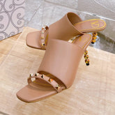 ROCKSTUD TOWER-HEEL MULES IN BRONZE BROWN CALFSKIN 7 CM