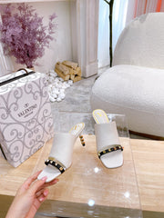 ROCKSTUD TOWER-HEEL MULES IN WHITE CALFSKIN 7 CM