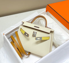 HM KELLY MINI 20 WHITE YELLOW BROWN EPSOM SILVER HARDWARE