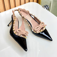 Rockstud Bow Slingback Black and Rose Cannelle Calfskin With Matching Studs