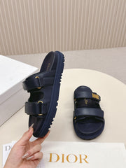 DIOR CLASSIC DOUBLE-STRAP SLIDES 25S IN MIDNIGHT BLUE CALFSKIN
