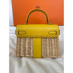 KELLY 20CM JAUNE DE NAPLES SWIFT IN YELLOW LEATHER AND WICKER SILVER HARDWARE