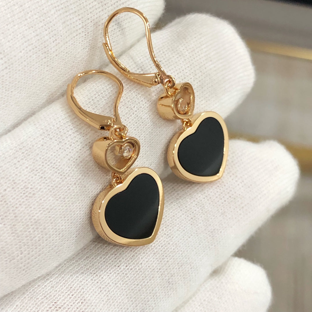 HAPPY HEART PINK GOLD ONYX EARRINGS