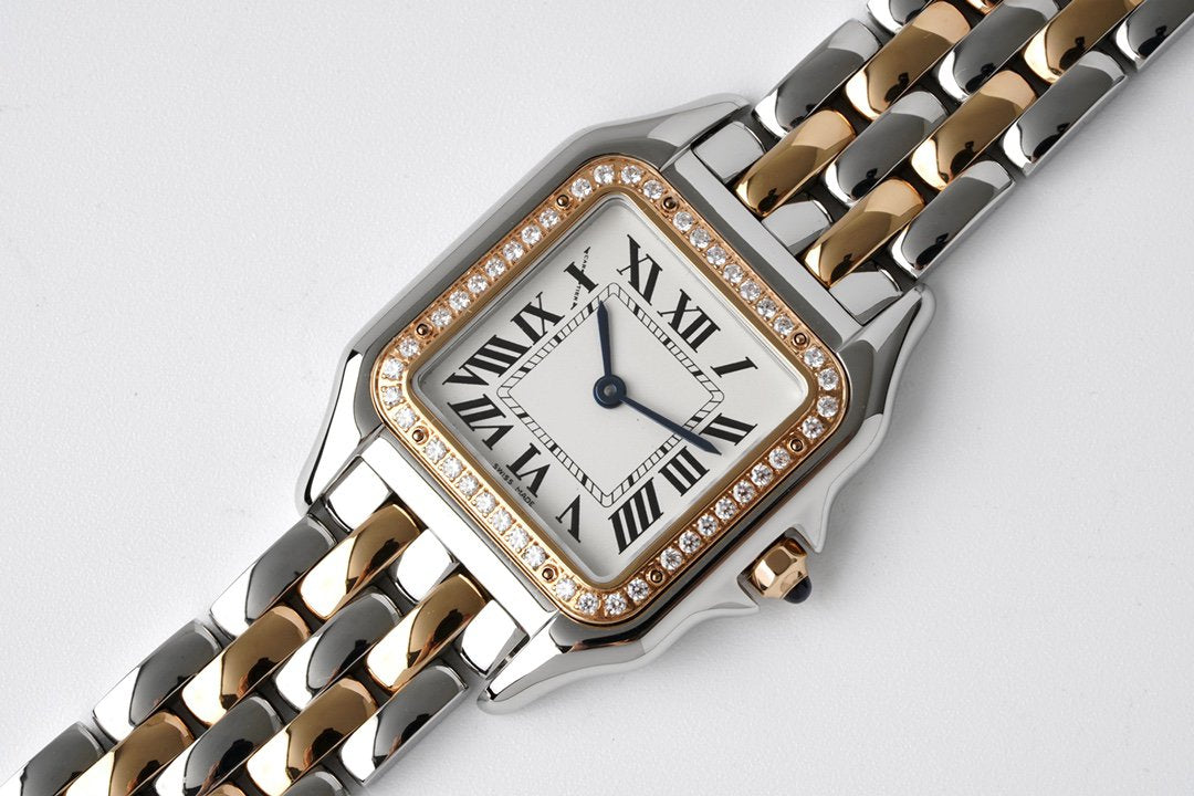 PANTHERE 27MM PINK GOLD SILVER CASE DIAMOND BEZEL WHITE DIAL