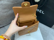 MINI SQUARE FLAP BAG 17CM BROWN LAMBSKIN GOLD HARDWARE