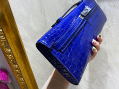 KELLY CUT 31 IN ADMIRAL BLUE SHINNY ALLIGATOR LEATHER WITH SILVER HARDWARE