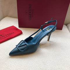 VLOGO SIGNATURE NAVY BLUE CALFSKIN HIGH SLINGBACK PUMP 7 CM