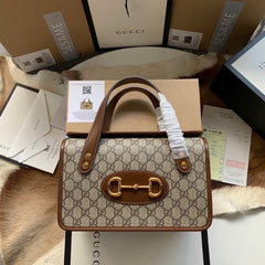 GG HORSEBIT 1955 SMALL 27 BAG IN BEIGE CANVAS AND BROWN CALFSKIN
