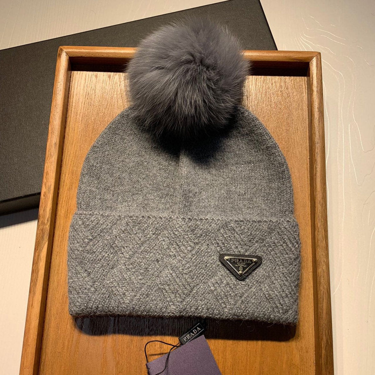BEANIE HAT IN DOVE GRAY WOOL AND RABBIT FUR 361434