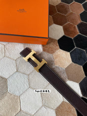 HM CONSTANCE BELT BUCKLE & REVERSIBLE CHOCOLATE BROWN LEATHER STRAP 38MM GOLD HARDWARE