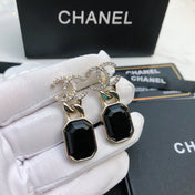 CHANEL 26S DOUBLE C LOGO CRYSTAL OCTAGON BLACK STONE DROP EARRINGS IN GOLD METAL 631087