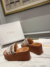 WOODY WEDGE IN BEIGE DENIM WITH BLACK LOGO