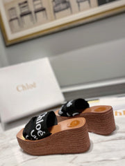 WOODY WEDGE IN BLACK DENIM WITH WHITE LOGO