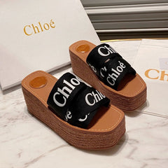 WOODY WEDGE IN BLACK DENIM WITH WHITE LOGO