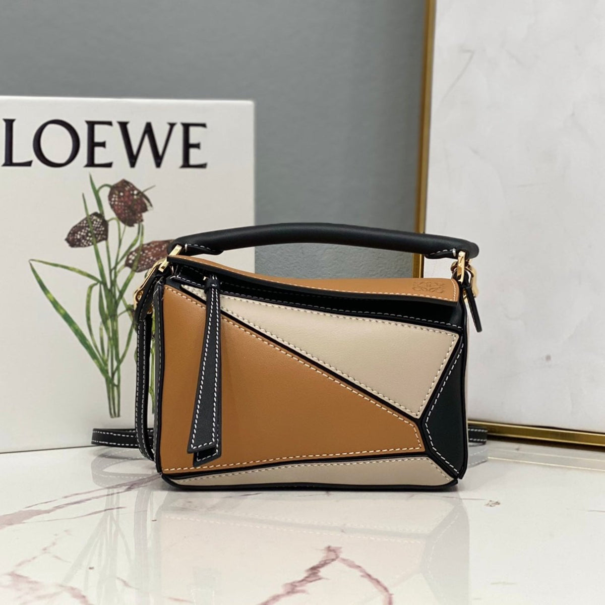 LOE MINI 18 PUZZLE BAG IN BROWN MIX BEIGE AND BLACK CALFSKIN