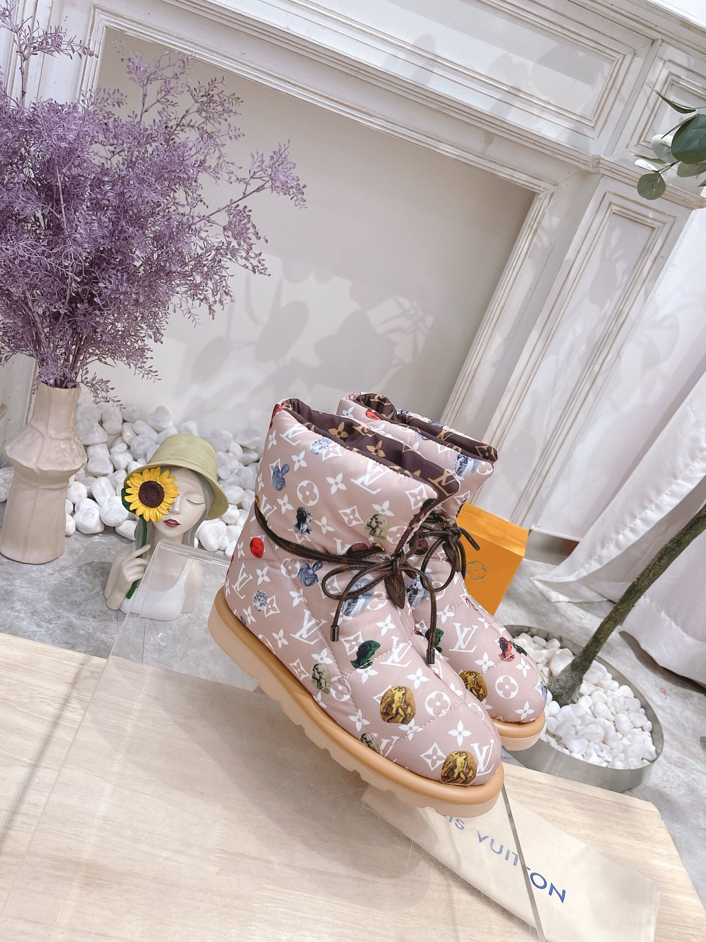 PILLOW COMFORT ANKLE BOOTS IN ROSY BROWN MIX WHITE MONOGRAM NYLON