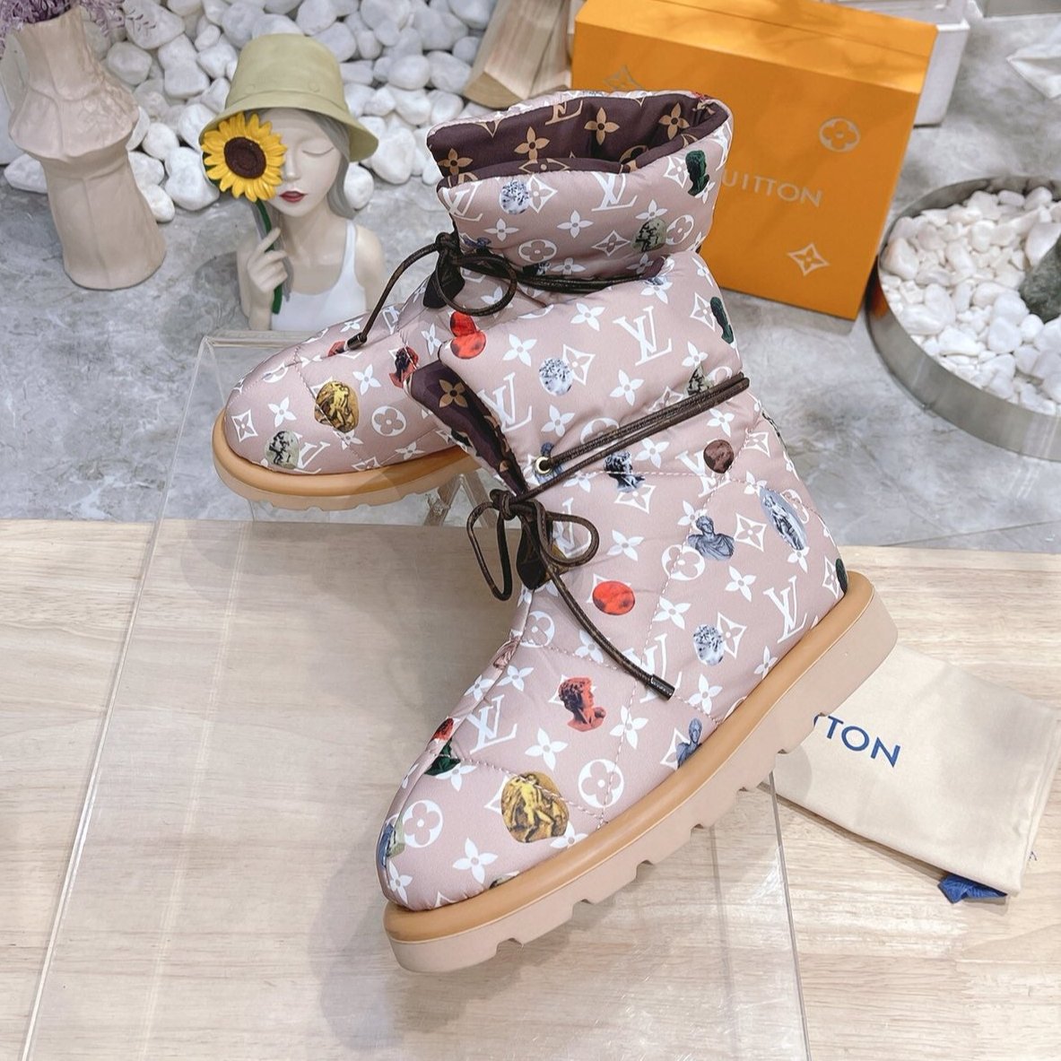 PILLOW COMFORT ANKLE BOOTS IN ROSY BROWN MIX WHITE MONOGRAM NYLON