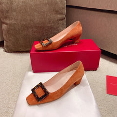BELLE VIVIER PUMPS IN TAN ORANGE SUEDE TORTOISESHELL BUCKLE