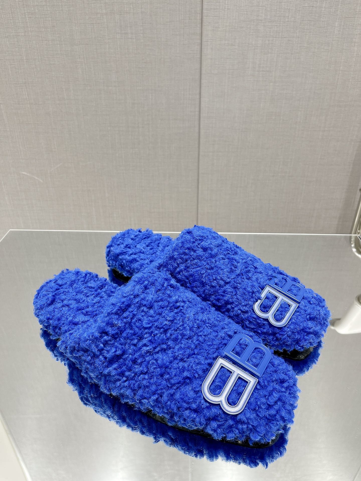BALENCIAGA 25S MULES IN BLUE WOOL WITH LOGO
