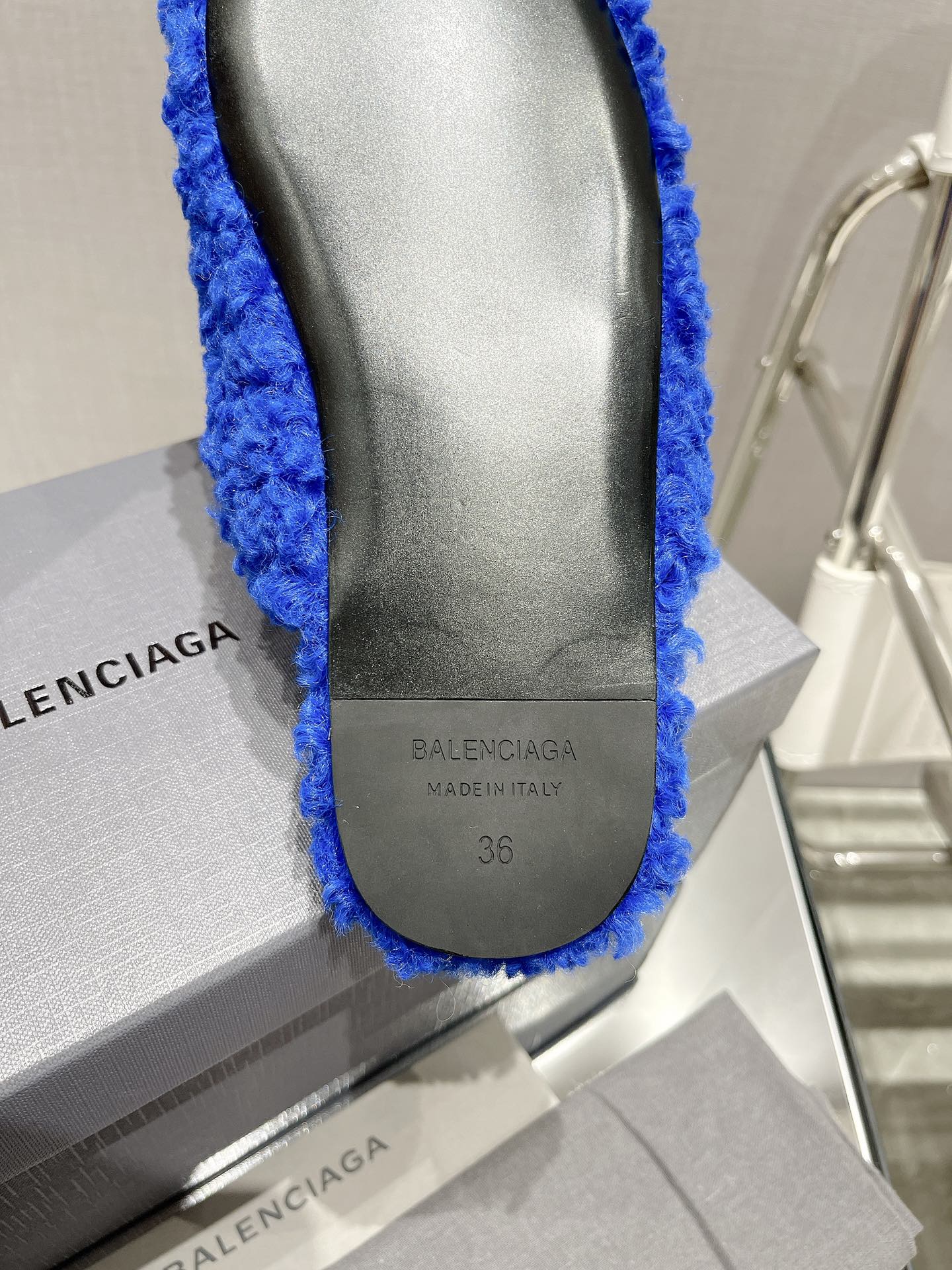 BALENCIAGA 25S MULES IN BLUE WOOL WITH LOGO