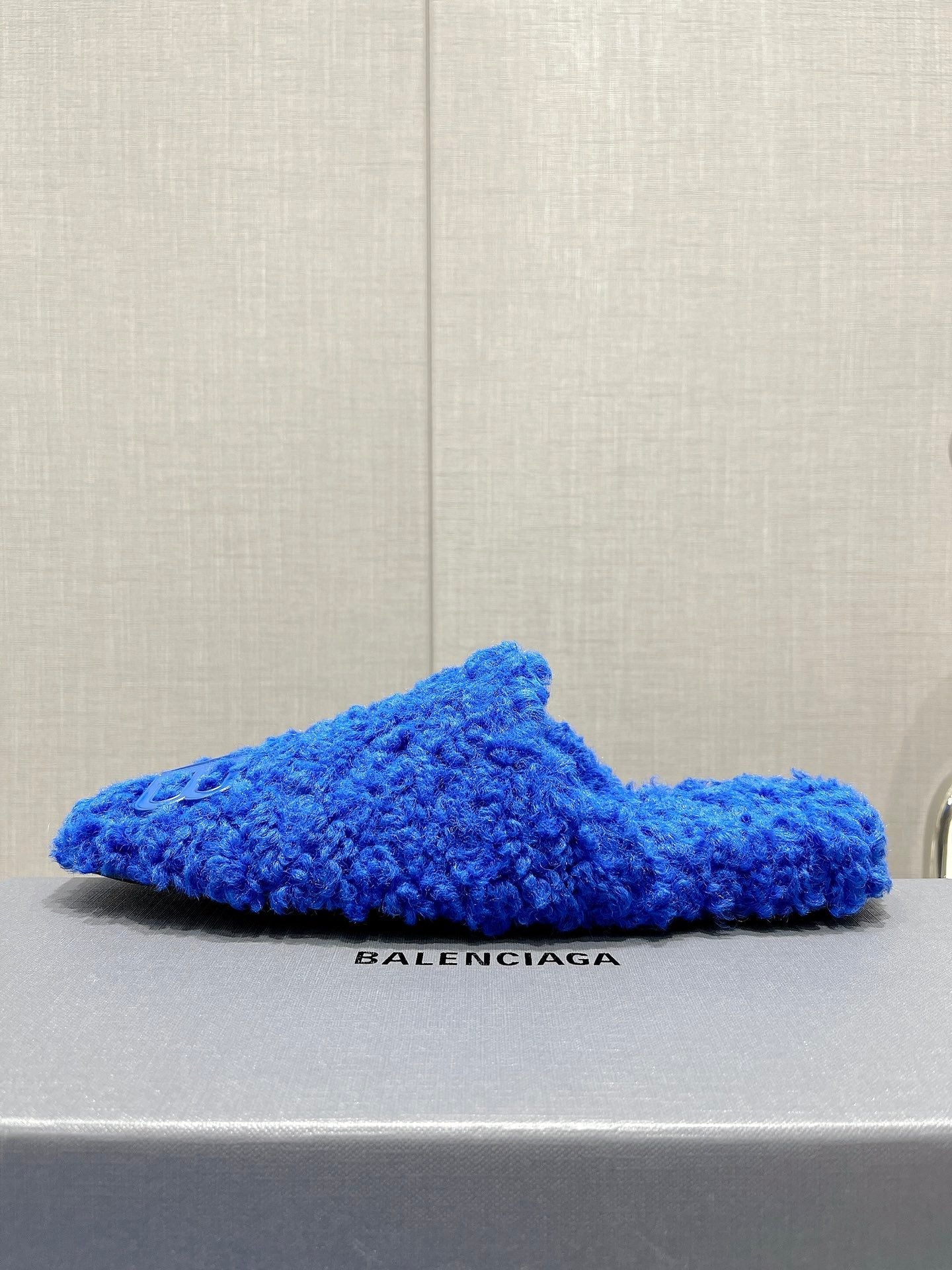 BALENCIAGA 25S MULES IN BLUE WOOL WITH LOGO
