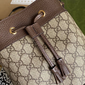 OPHIDIA MEDIUM BUCKET BAG 26 WITH WEB IN BEIGE EBONY CANVAS MIX BROWN CALFSKIN