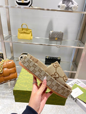 LV MONOGRAM THICK PLATFORM SANDALS IN BEIGE CANVAS