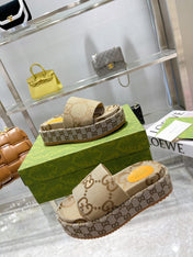 LV MONOGRAM THICK PLATFORM SANDALS IN BEIGE CANVAS