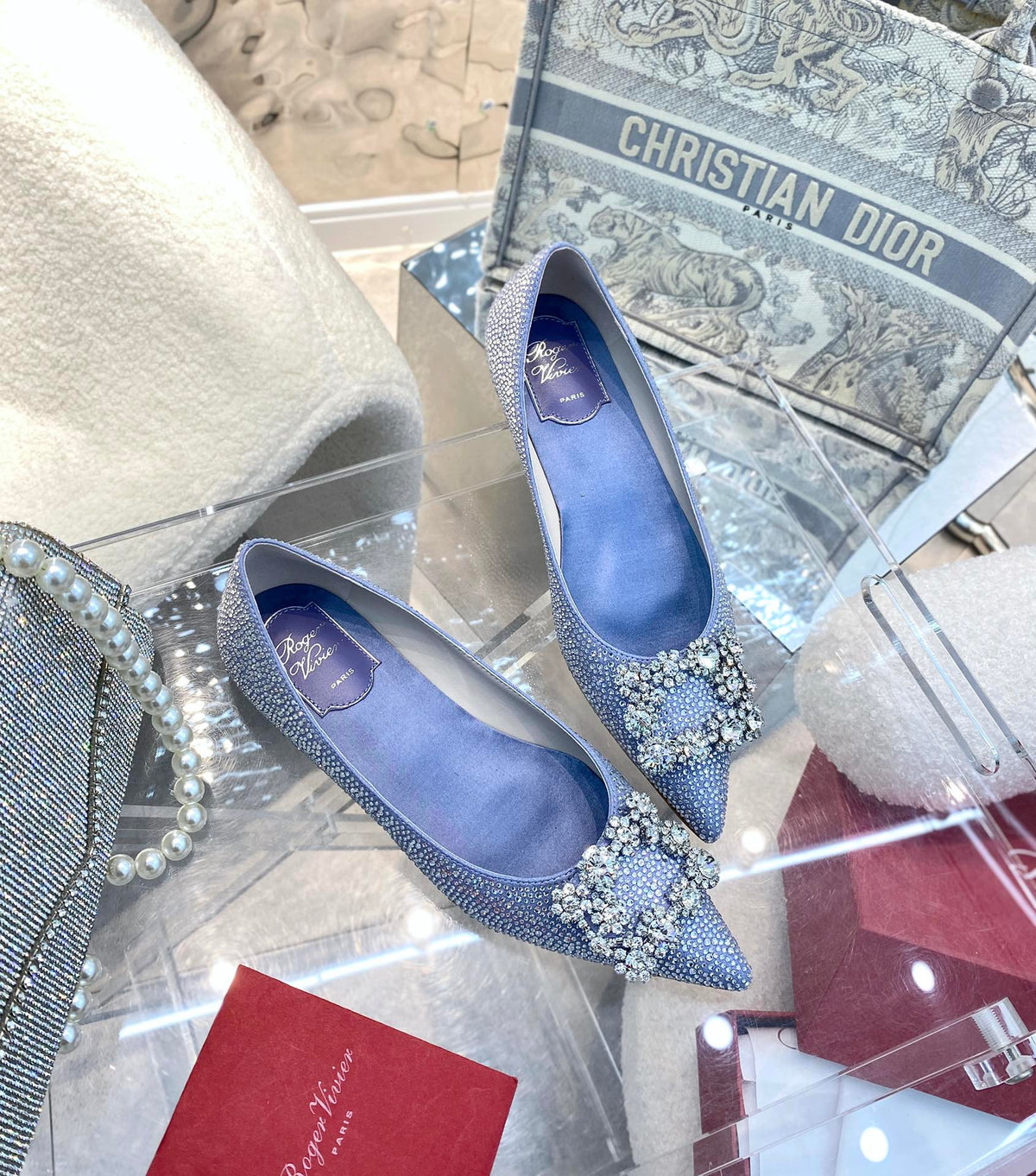 EFFLORESCENCE BALLERINAS IN BLUE CALFSKIN WITH FULLY EMBELLISHED CRYSTALS