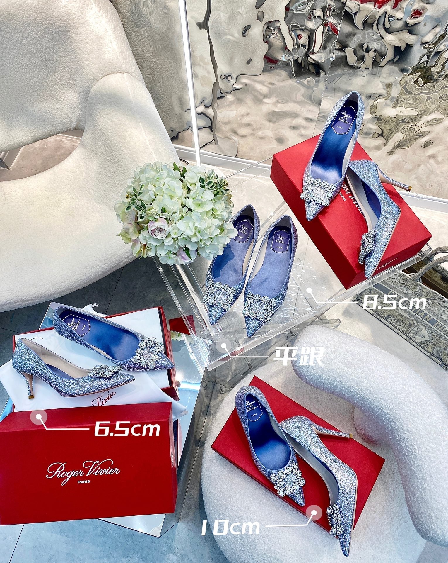 EFFLORESCENCE BALLERINAS IN BLUE CALFSKIN WITH FULLY EMBELLISHED CRYSTALS