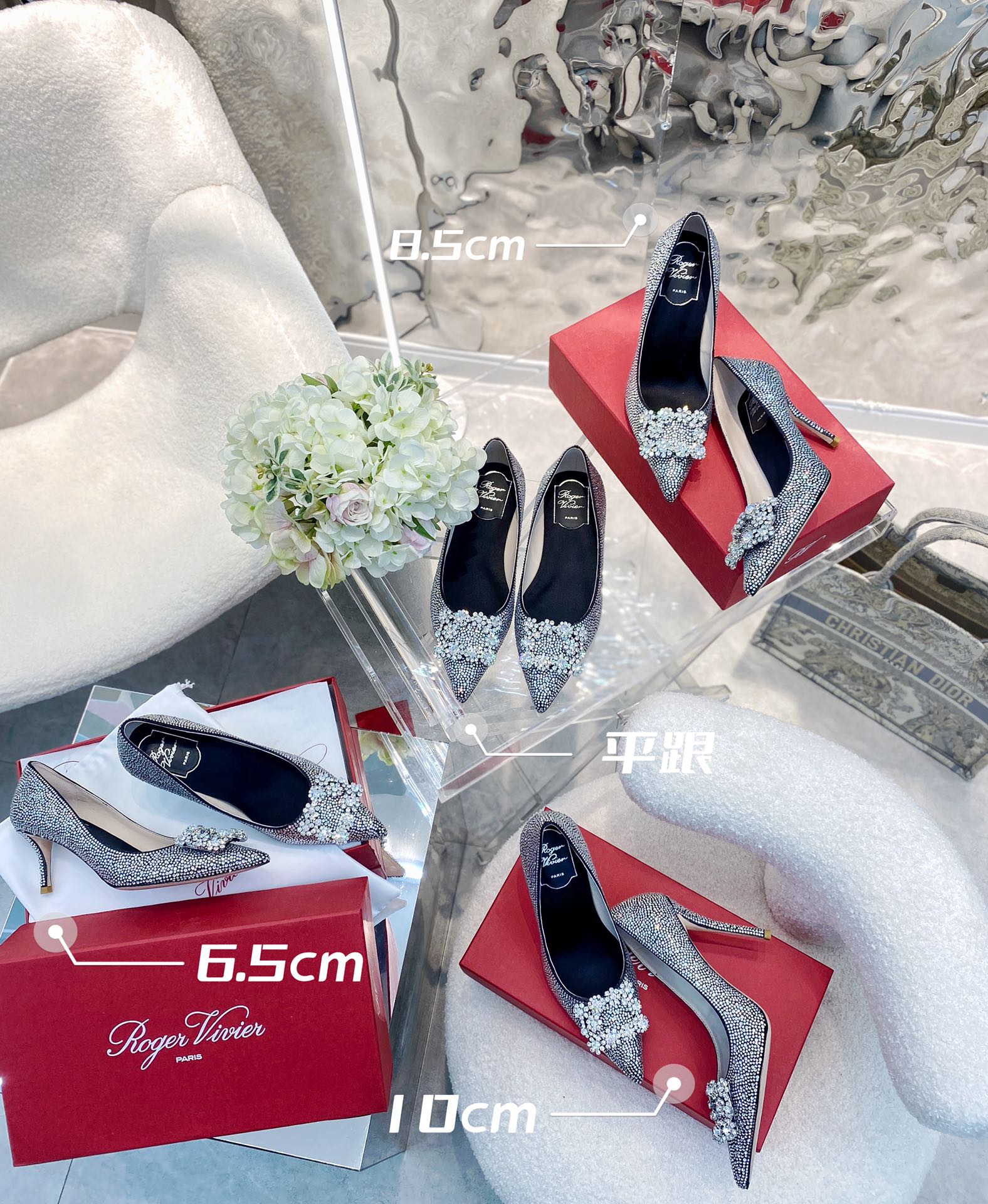 EFFLORESCENCE BALLERINAS IN BLACK CALFSKIN WITH FULLY EMBELLISHED CRYSTALS