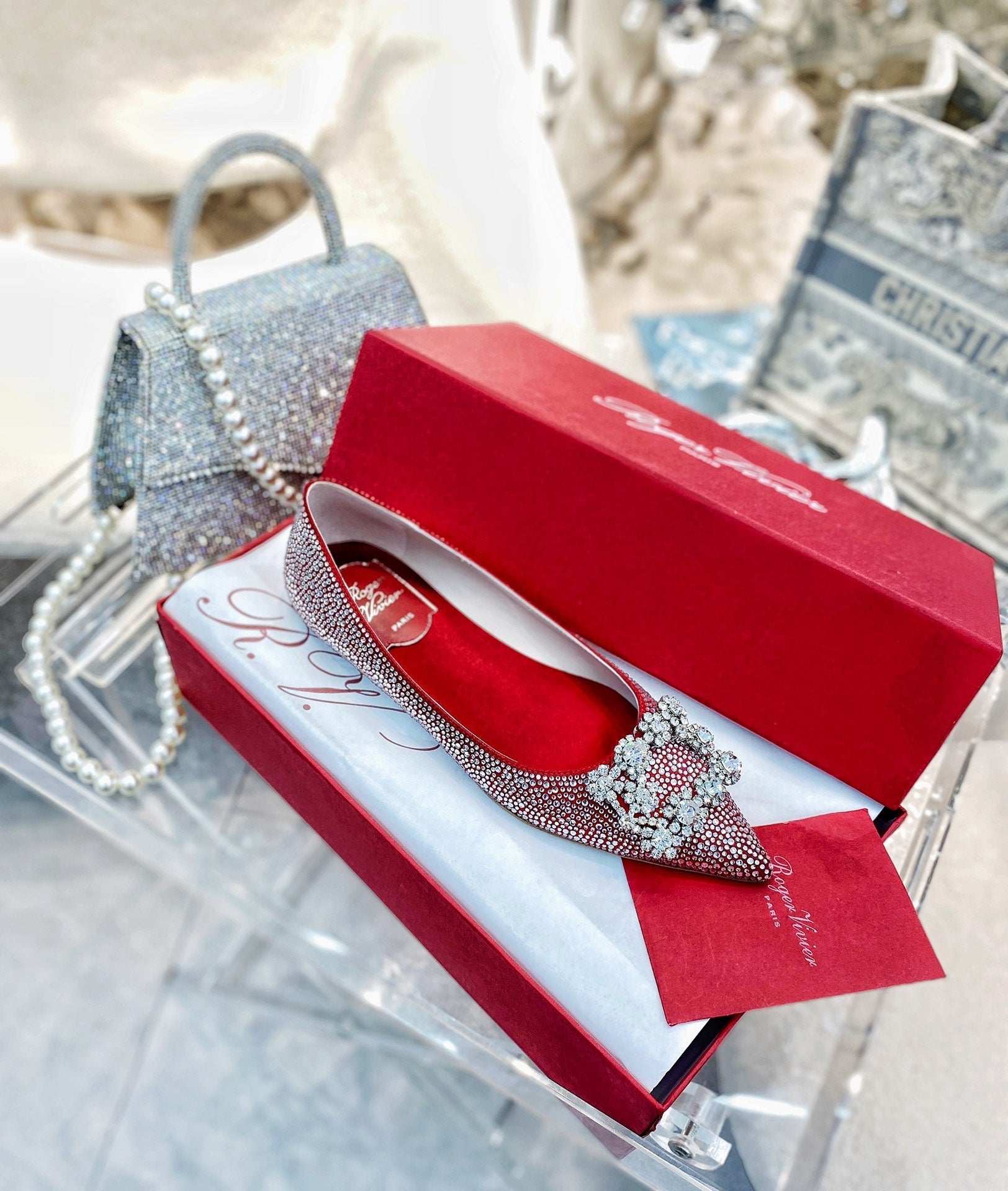 EFFLORESCENCE BALLERINAS IN RED CALFSKIN WITH FULLY EMBELLISHED CRYSTALS