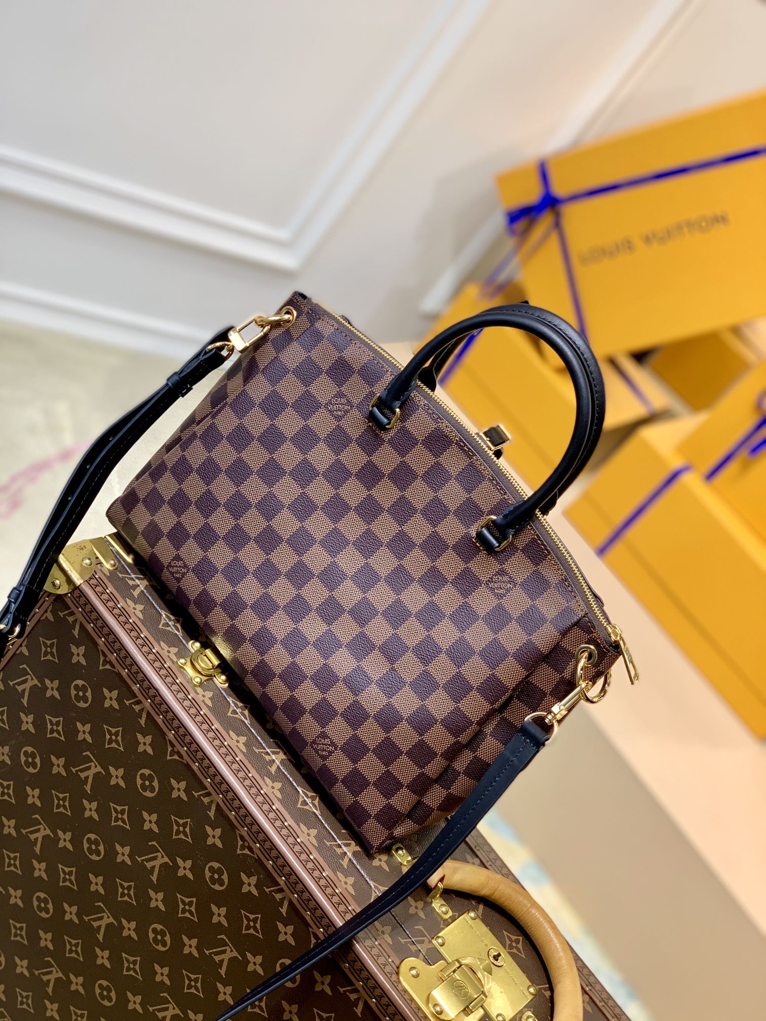 BOÉTIE PM TOTE 31.5 IN BROWN CHECKERED PATTERN MONOGRAM COATED CANVAS