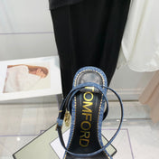 TOM FORD 26S GOLD BUCKLE HEELS 105 MM IN BLUE DENIM