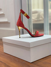 BALMAIN 25S UMA HEELED SANDALS 105MM IN RED SUEDE GOLD HARDWARE