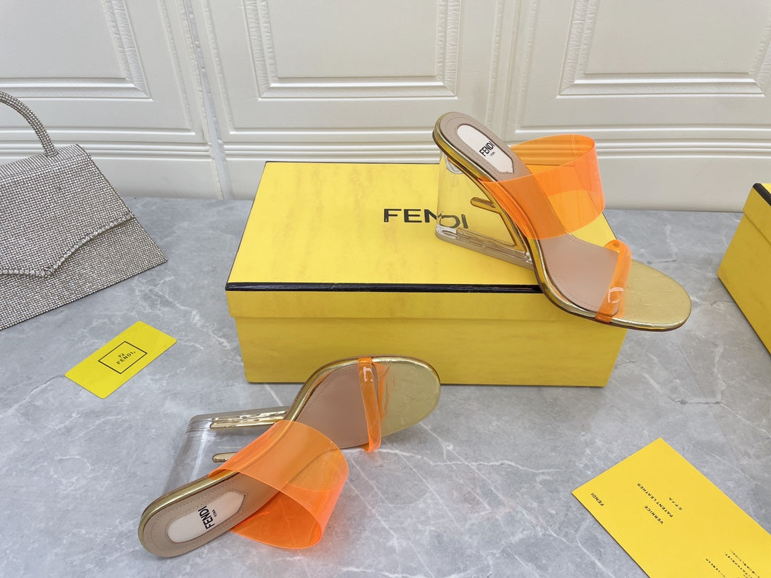 FENDI FIRST 95 MM HIGH-HEELED SANDAL IN LIGHT ORANGE TPU FILM AND LAMBSKIN
