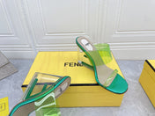 FENDI FIRST 95 MM HIGH-HEELED SANDAL IN GREEN FERN TPU FILM AND LAMBSKIN