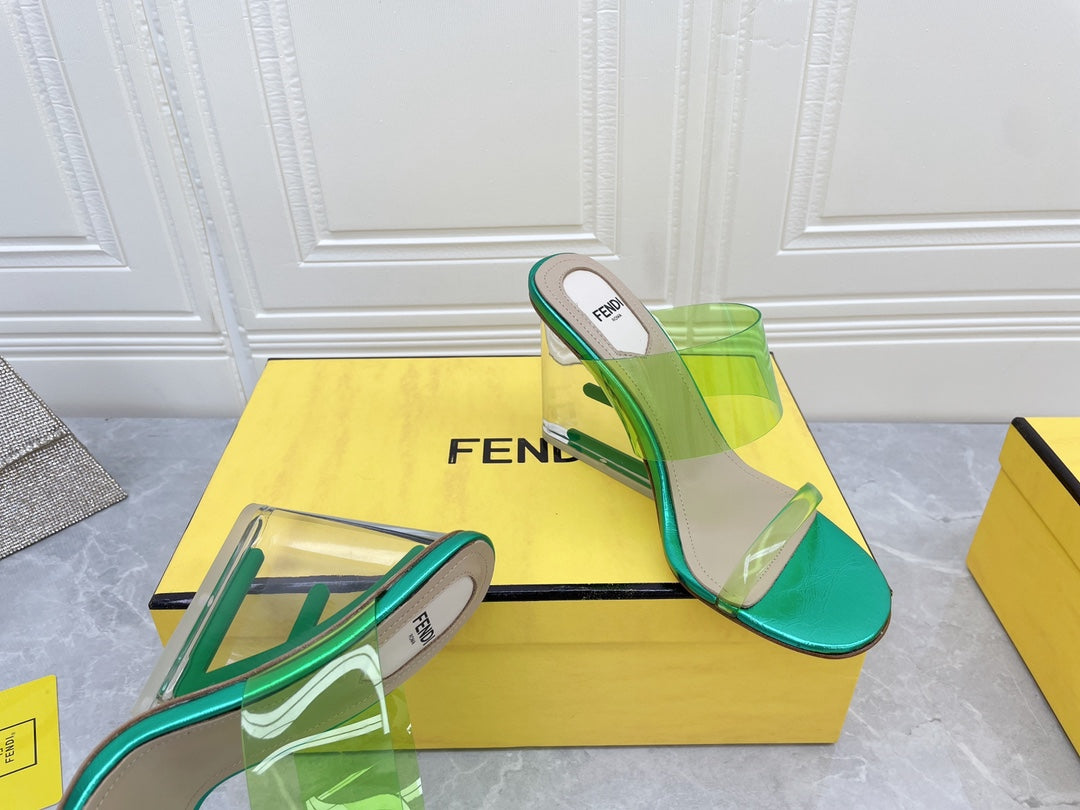 FENDI FIRST 95 MM HIGH-HEELED SANDAL IN GREEN FERN TPU FILM AND LAMBSKIN