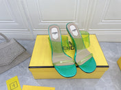 FENDI FIRST 95 MM HIGH-HEELED SANDAL IN GREEN FERN TPU FILM AND LAMBSKIN